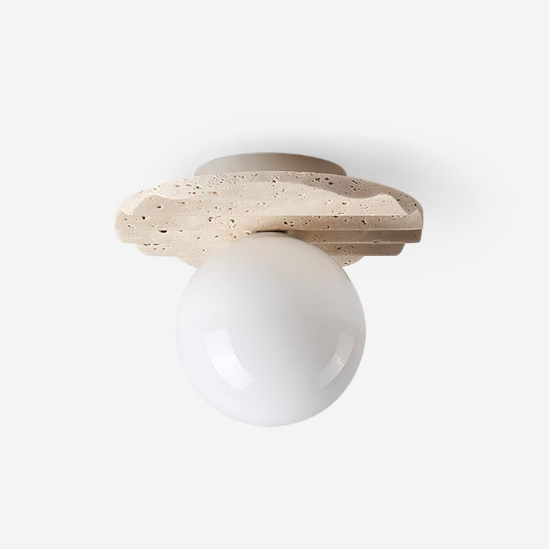 Sculpted Base And Glass Diffuser Travertine Stone Ceiling Light
